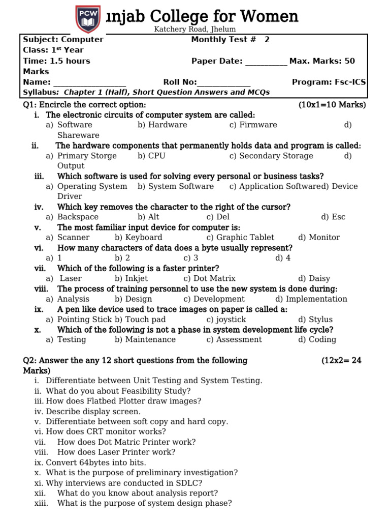 Monthly Test on Computer Hardware | PDF | Computer Hardware | Computer ...