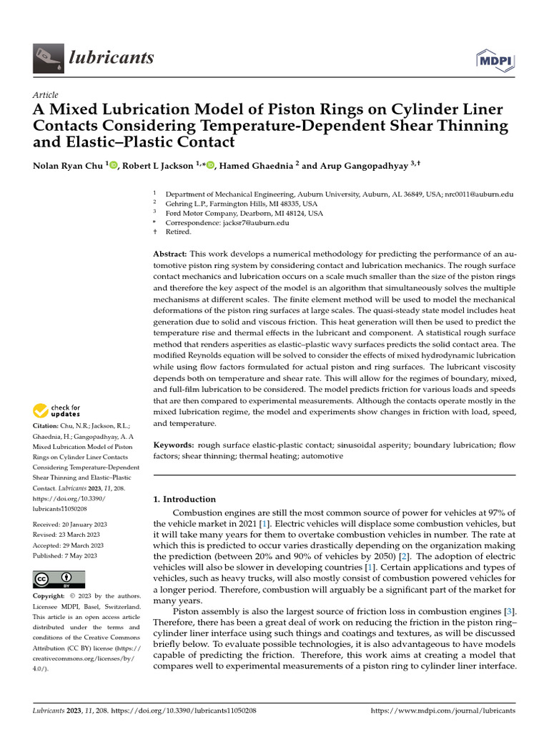 A Mixed Lubrication Model of Piston Rings On Cylin | PDF | Friction ...