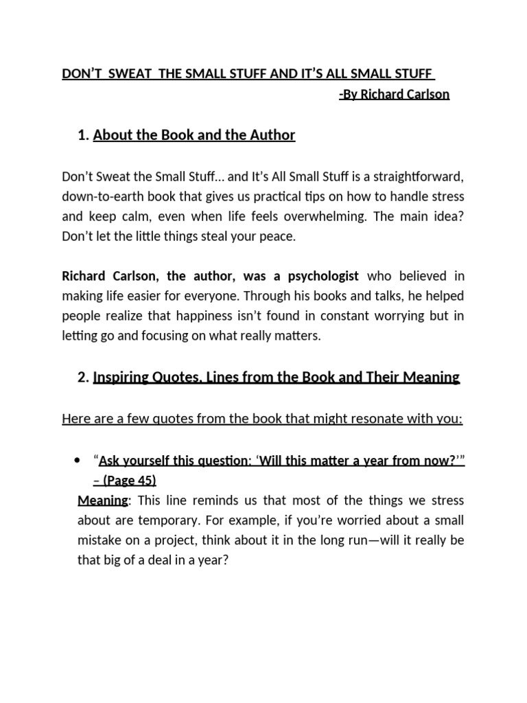Don't Sweat The Small Stuff...and It's All Small Stuff By Richard Carlson – Paperback