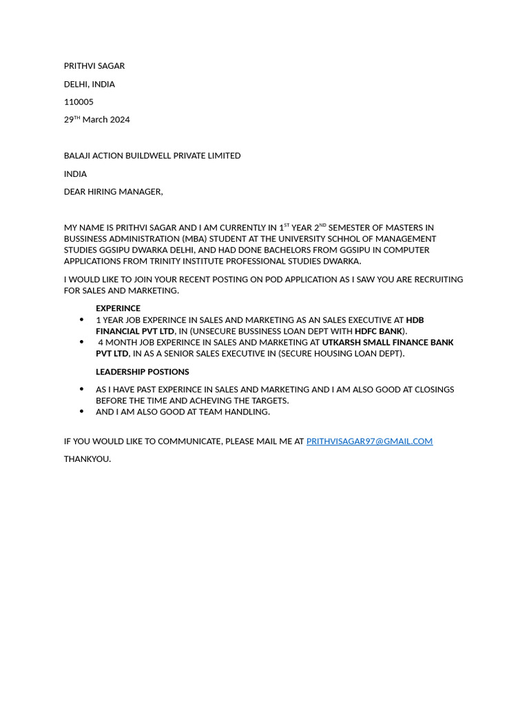 Application for Sales and Marketing Role | PDF