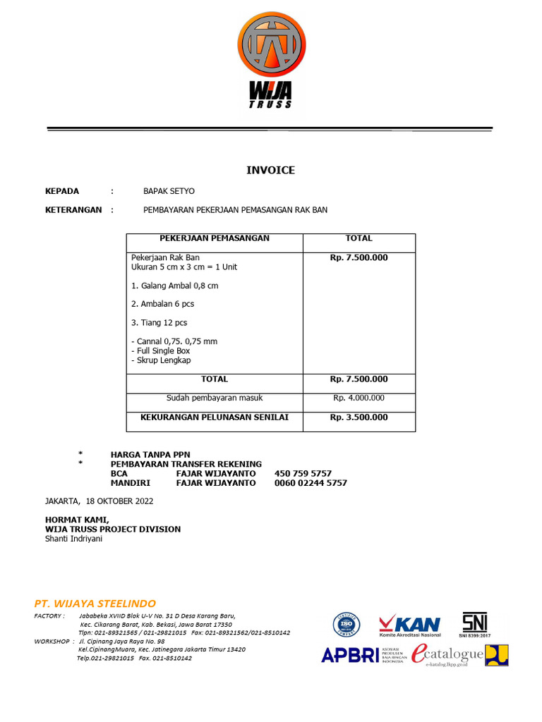 Invoice Pembayaran Pemasangan Rak Ban | PDF