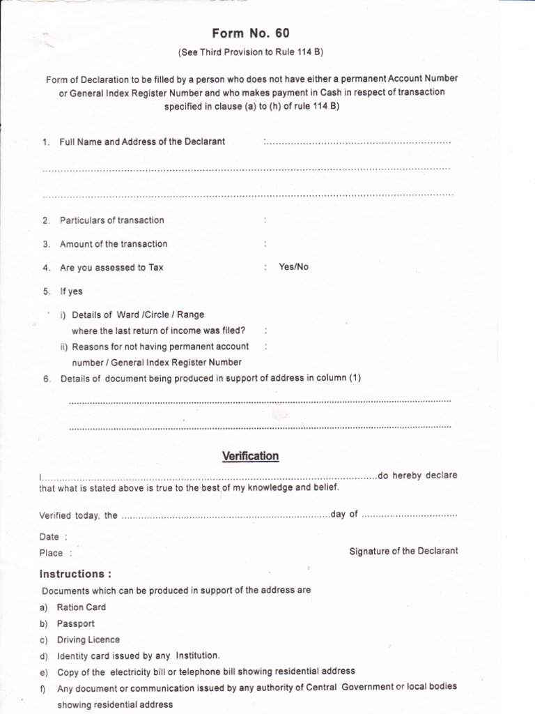 Form 60 Declaration for Cash Transactions | PDF | Finance & Money ...
