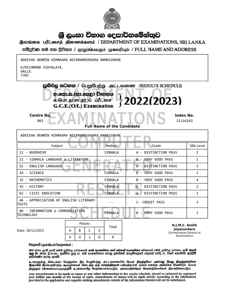 SBA Mark Sheet for Adeesha Namasighe | PDF