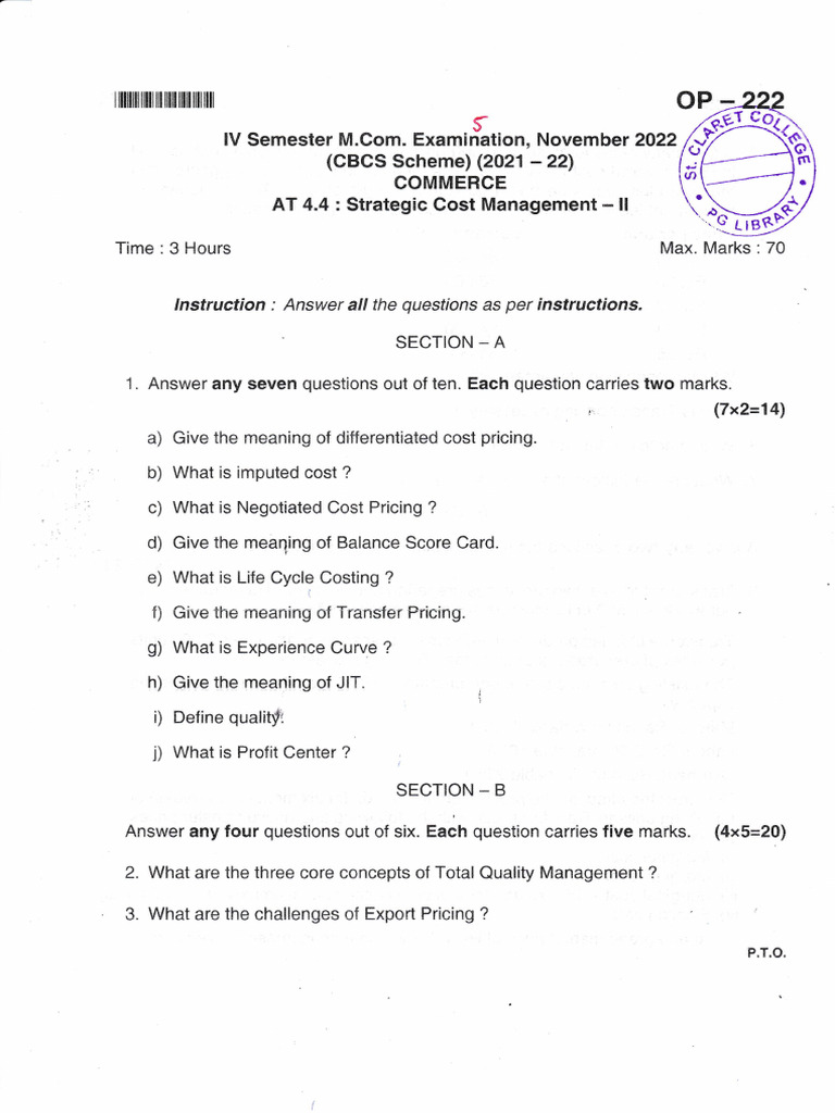 Strategic Cost Management Exam Paper | PDF | Marginal Cost | Cost ...