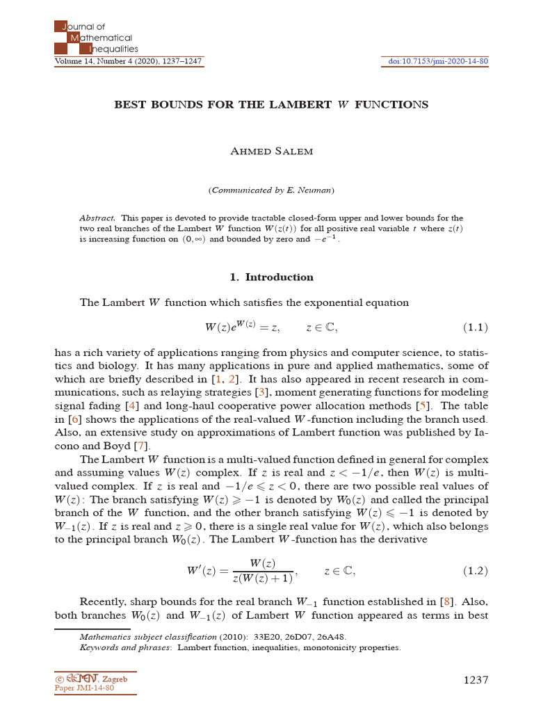Best Bounds for Lambert W Functions | PDF | Function (Mathematics ...