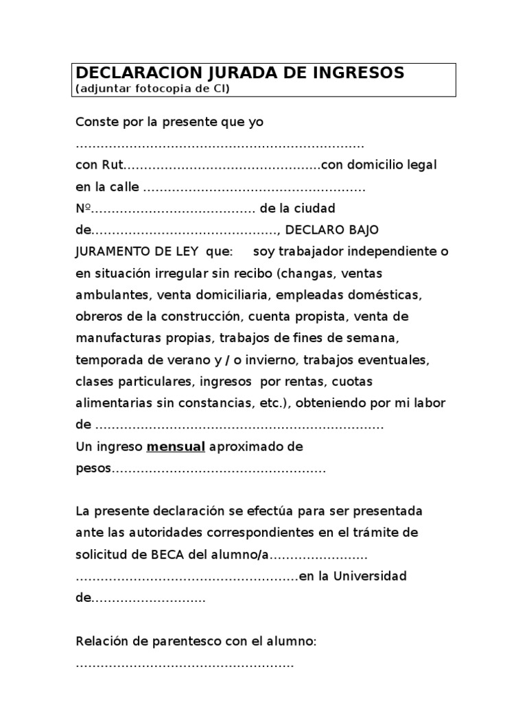 Modelo de Declaración Jurada de Ingresos | PDF | Finanzas y dinero ...
