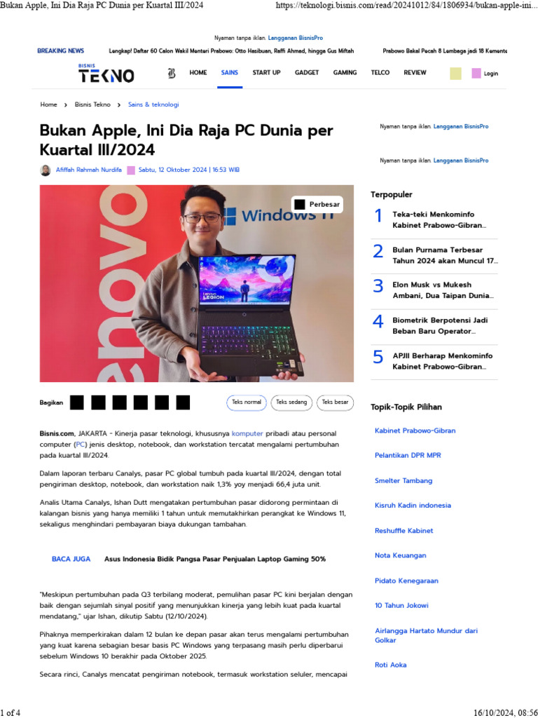 Bukan Apple, Ini Dia Raja PC Dunia Per Kuartal III - 2024 | PDF