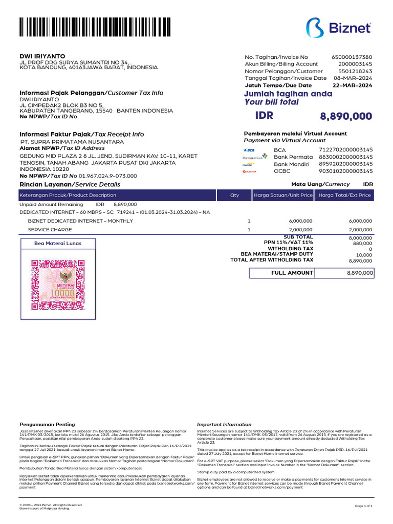 Tagihan Invoice Biznet Maret 2024 | PDF