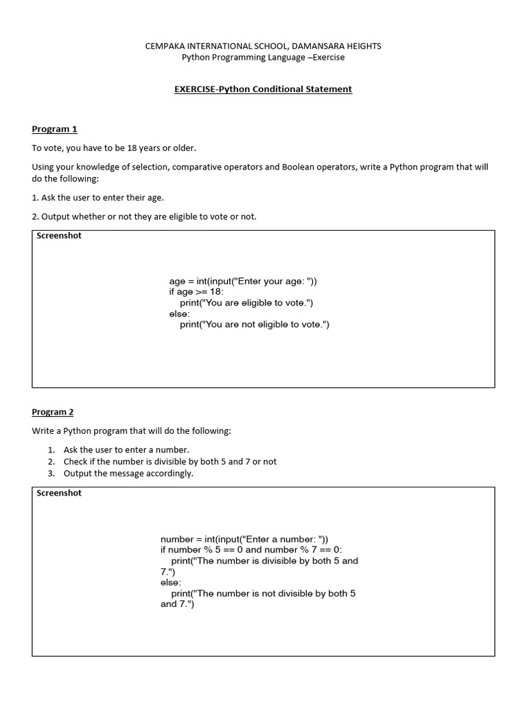 Python Conditional Statement Exercises | PDF | Python (Programming ...