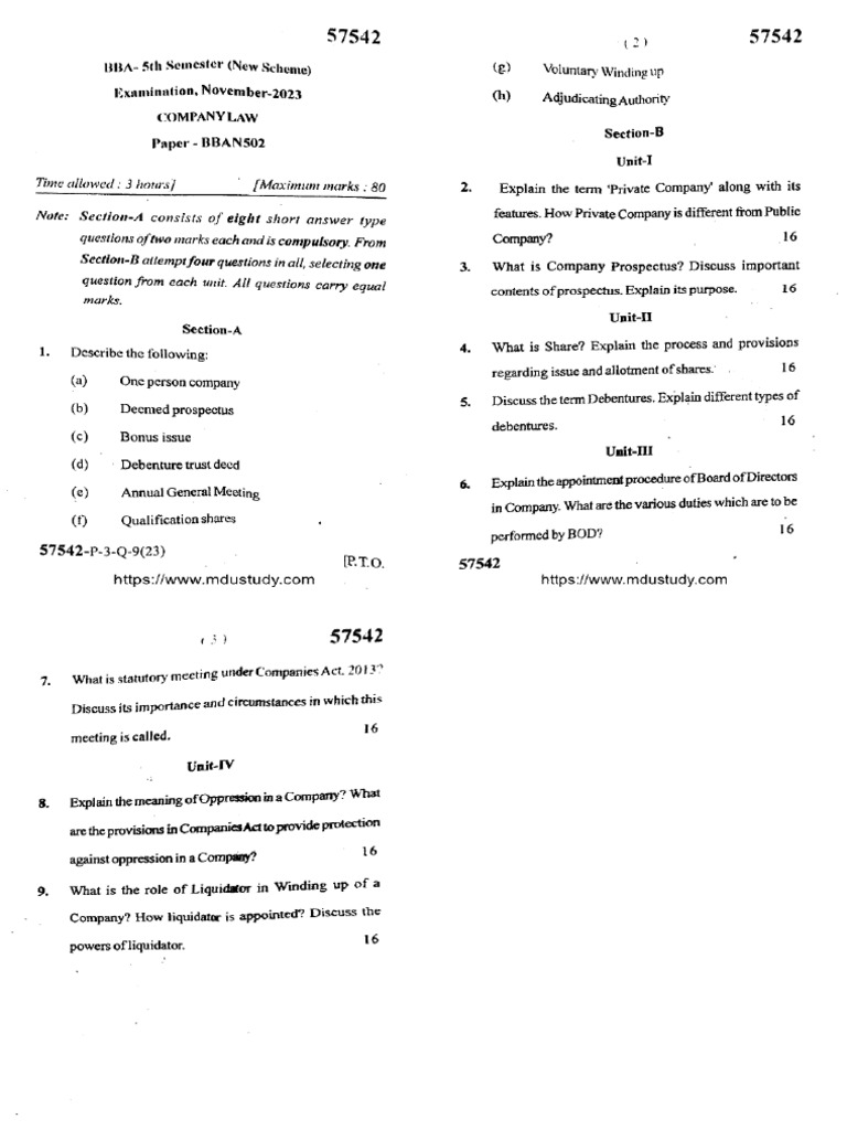 Bba 5 Sem Company Law 57542 Nov 2023 | PDF