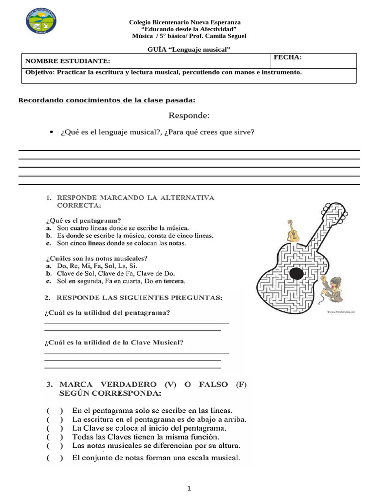 Guía de Lenguaje Musical 5° Básico | PDF | Artes del Lenguaje y ...