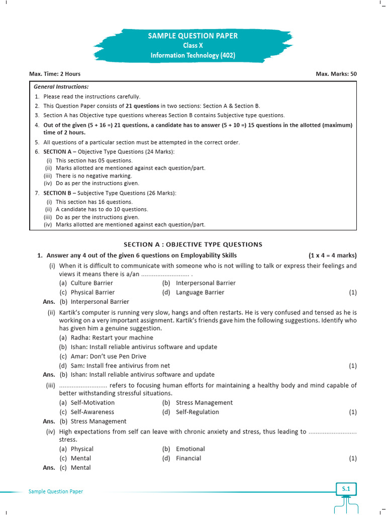 Class 10 IT Sample Question Paper 2024 | PDF | Databases | Malware
