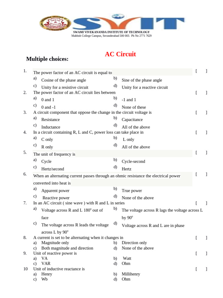 AC Circuit Power Factor Quiz | PDF | Root Mean Square | Electrical ...