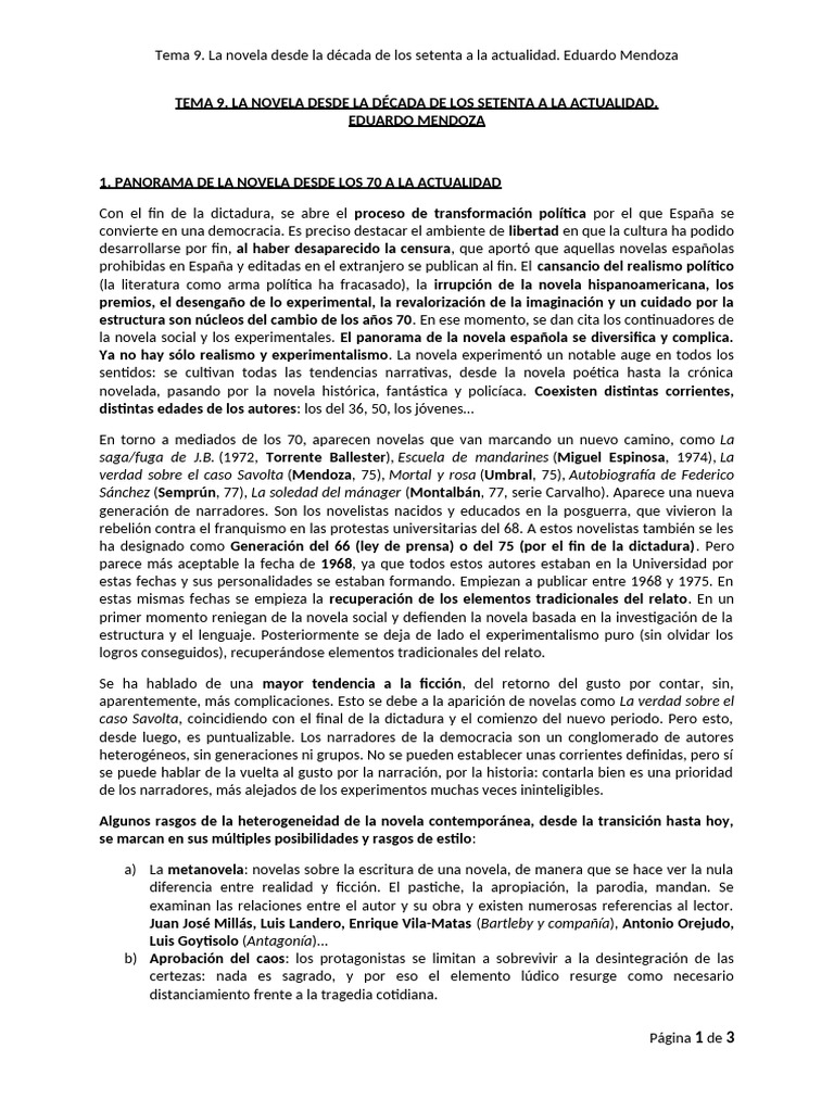 Tema 9 la novela desde la d cada de los setenta a la actualidad
