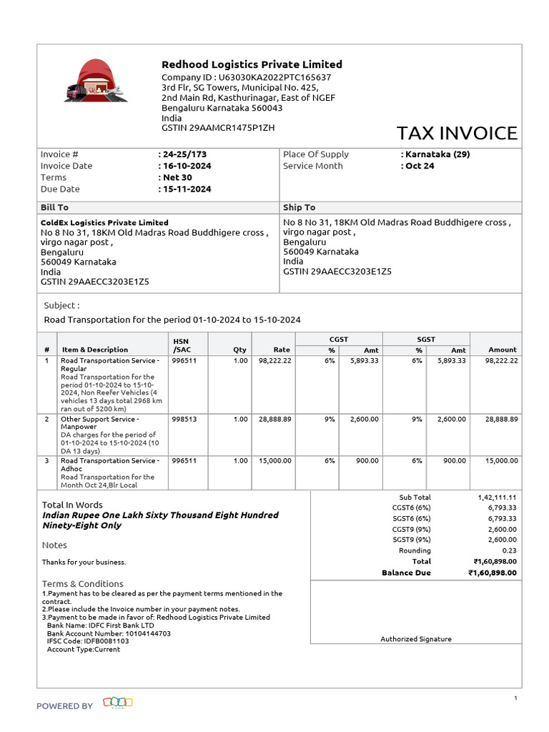 Tax Invoice for Road Transportation Services | PDF | Taxation ...