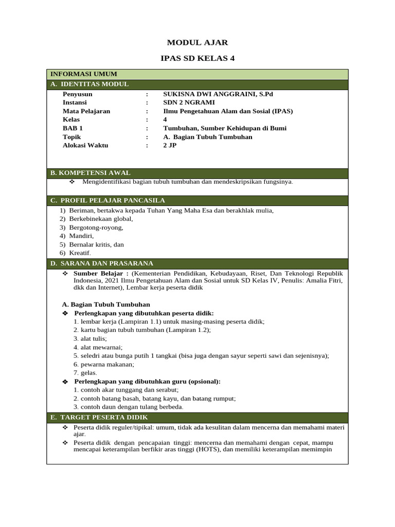 Modul Ajar Ipas SD Kelas 4 | PDF