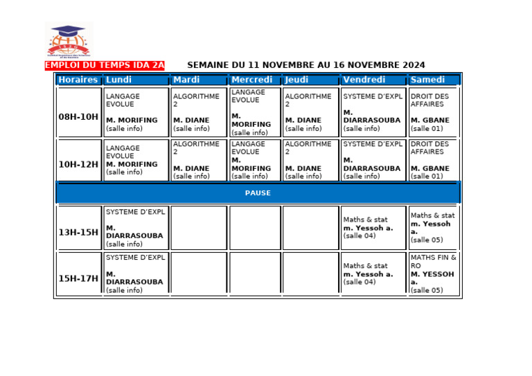 Emploi du Temps IDA 2A22 Semaine 11-16 Nov 2024 | PDF