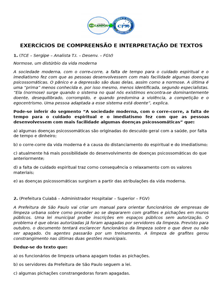 Exercícios de Interpretação de Textos | PDF | São Paulo | Planejamento ...