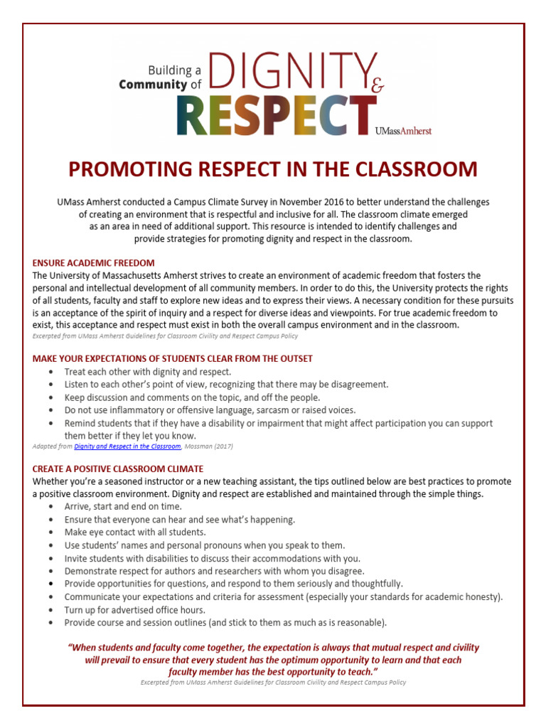 Dignity Respect Classroom Umass 2018-Ada 1 | PDF | Academic Freedom ...