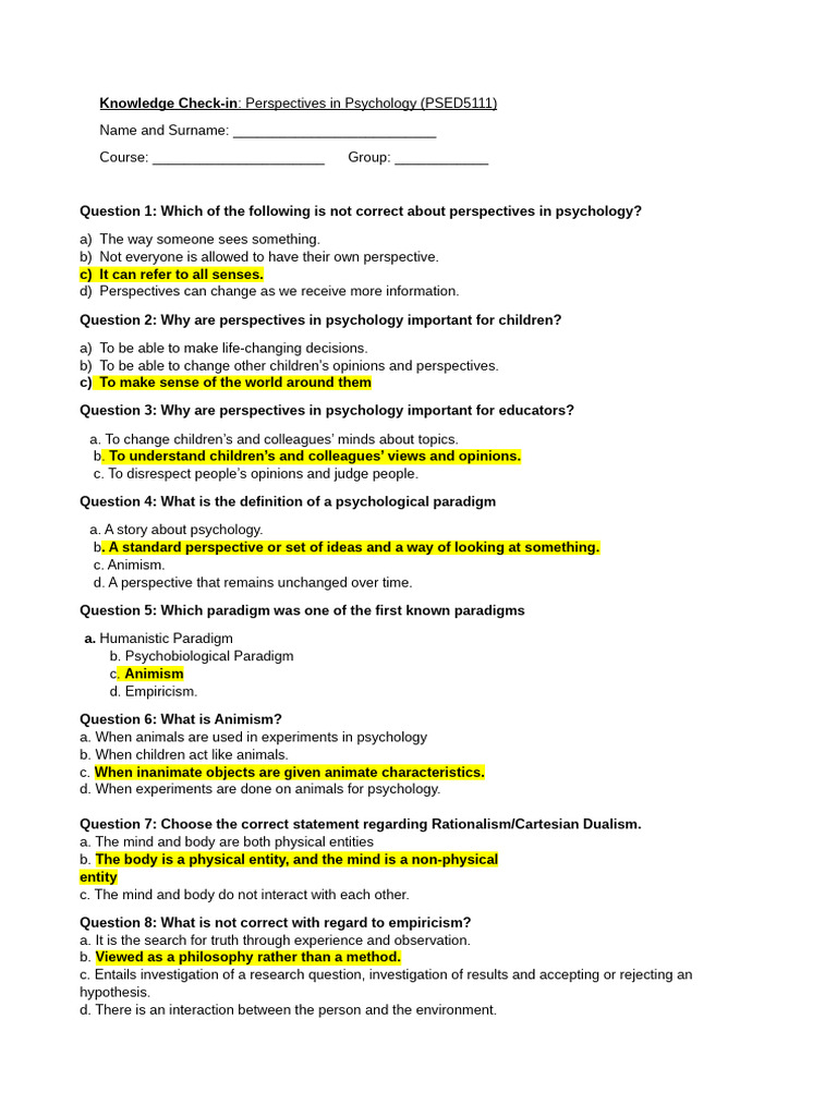 Knowledge Check 1. Perspectives in Psychology | PDF | Self ...
