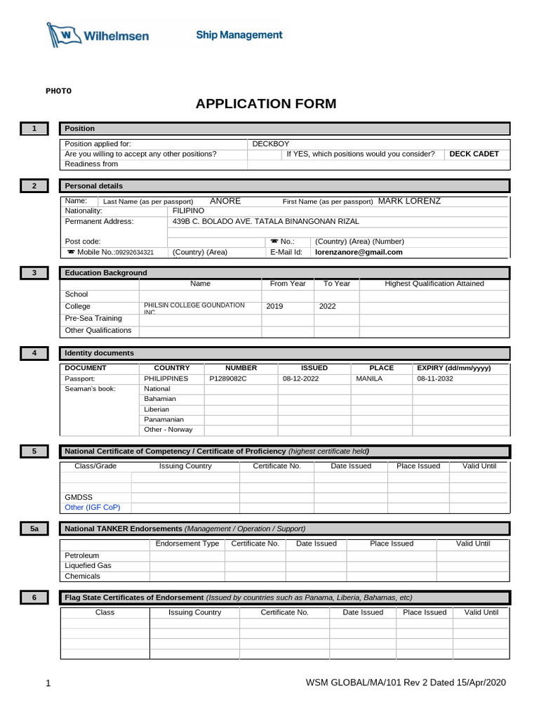 Deckboy Application Form Template | PDF | Shipping | Water Transport