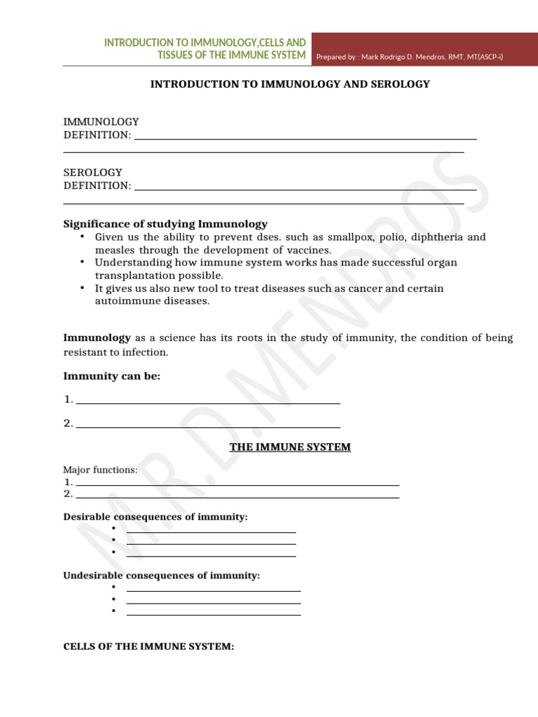Notes in Intro To Immunologycells and Organs of The Immune System | PDF ...