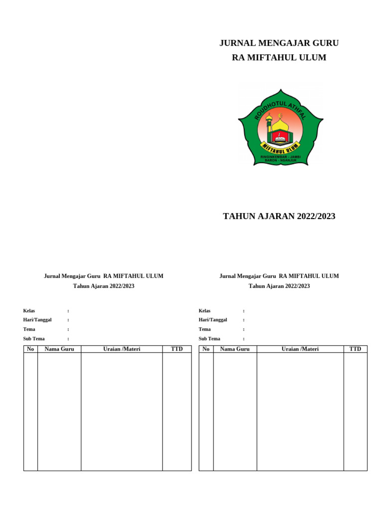 Jurnal Mengajar RA Miftahul Ulum 2022/2023 | PDF | Karier & Perkembangan