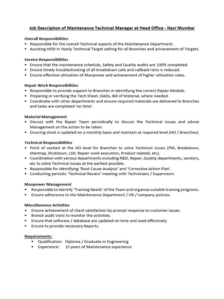 JD of Technical Manager Maintenance - HO - 1 | PDF | Business ...