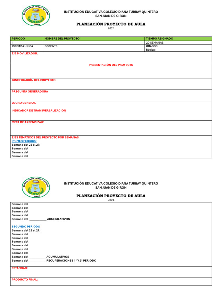 Planeación Aula 2024 - Colegio Diana Turbay | PDF | Aprendizaje | Enseñando