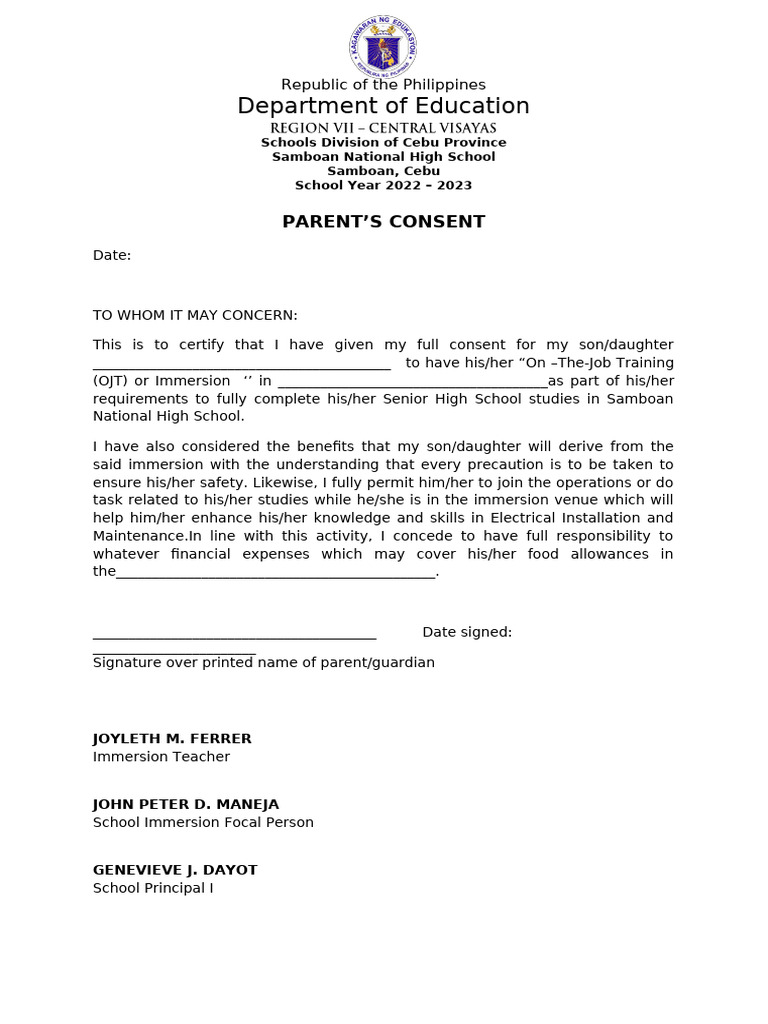 Parent's Consent for OJT at Samboan HS | PDF