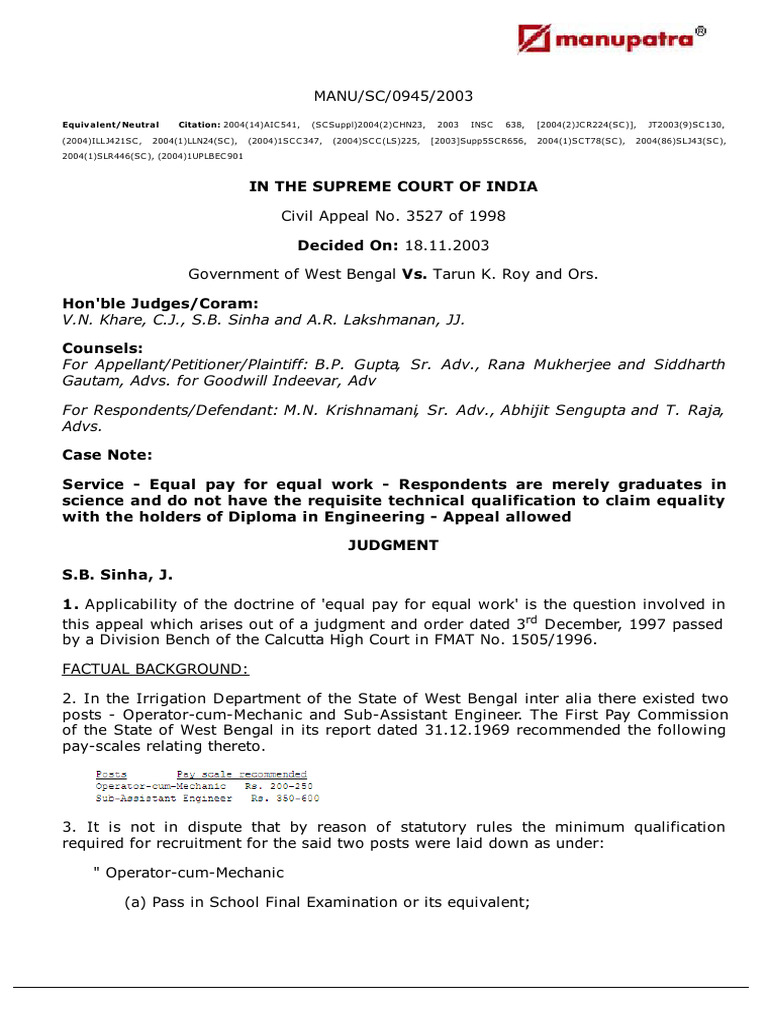 Equal Pay Dispute in West Bengal Services | PDF | Appeal | Precedent