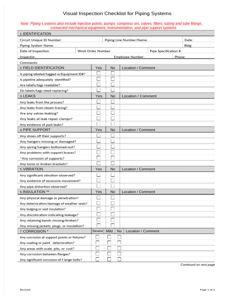 Piping Systems Visual Inspection Checklist | PDF | Leak | Pipe (Fluid ...