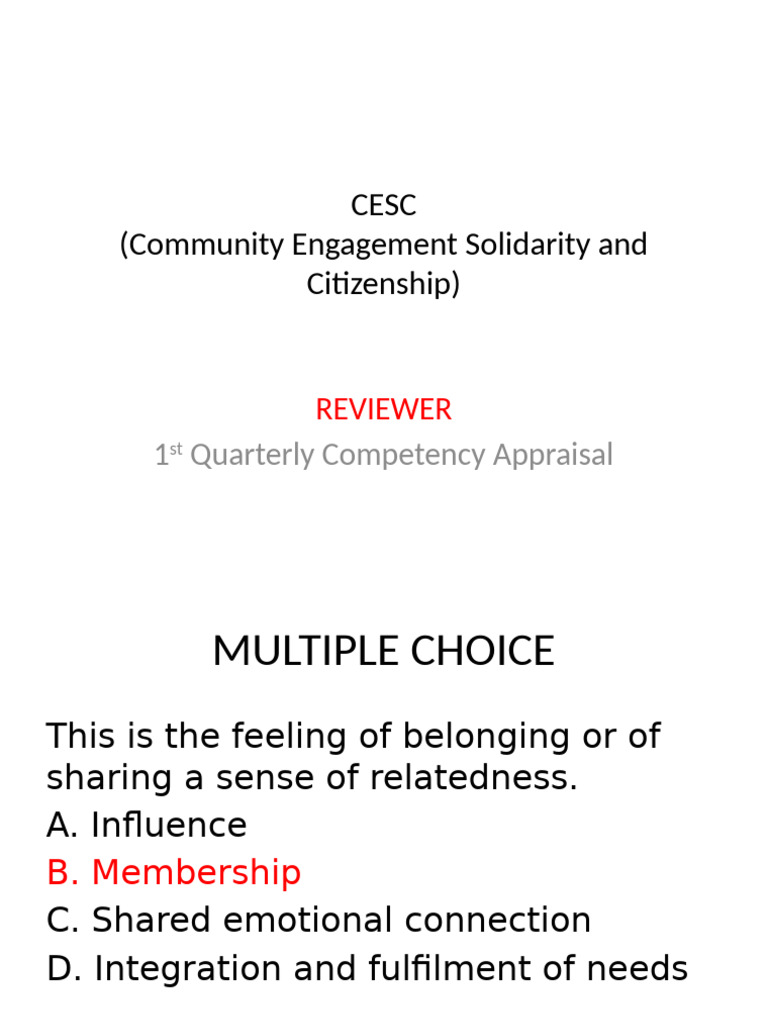 CESC REVIEWER 1st Quarterly Competency Appraisal | PDF | Community ...