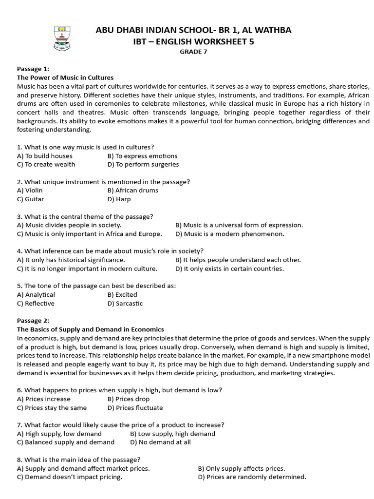 Grade 7 English Worksheet on Music & Economics | PDF | Demand | Prices