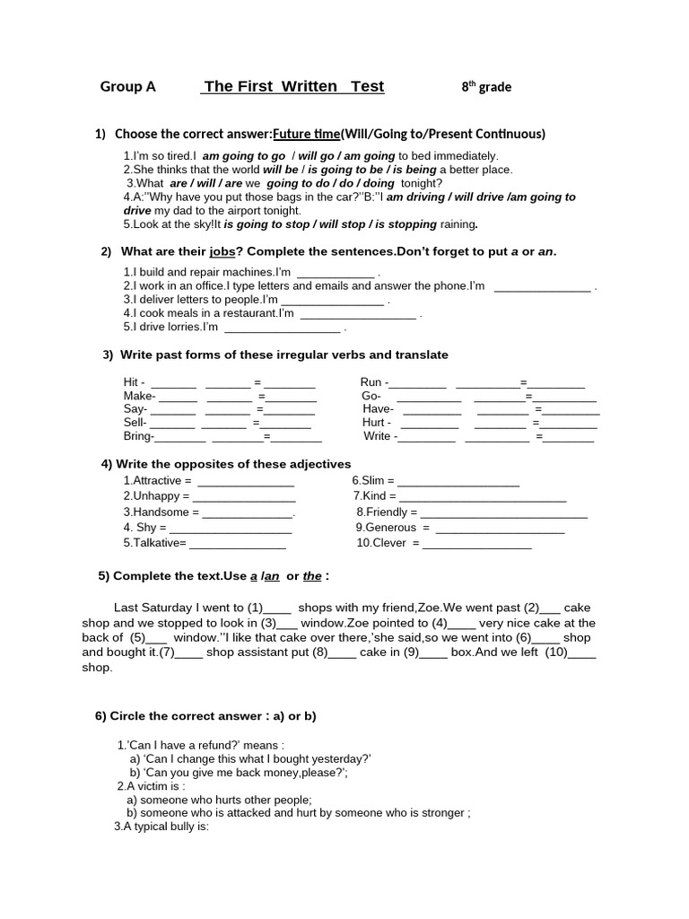 Group a the first written test 8th grade pdf linguistic