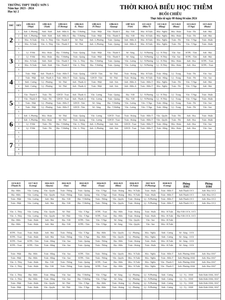 TKB HK2 học thêm từ 08.04.2024 | PDF