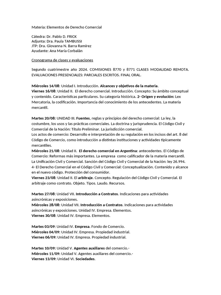 Cronograma Derecho Comercial 2024 | PDF | Seguro | Reaseguro