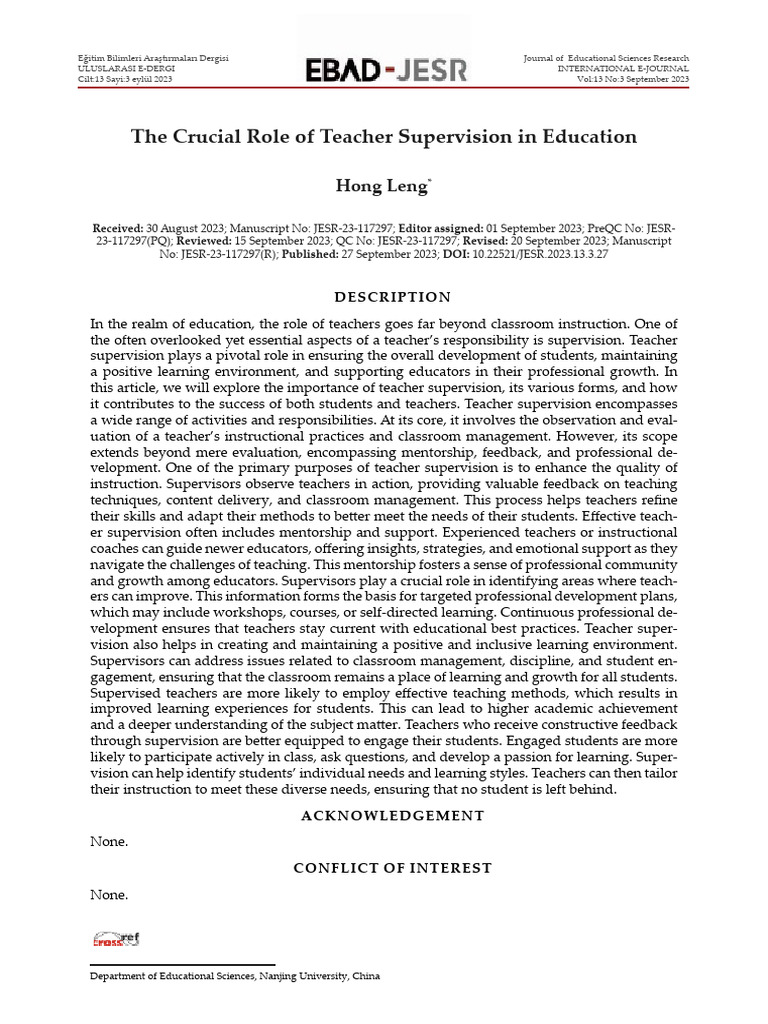 Importance of Teacher Supervision in Education | PDF | Teachers ...