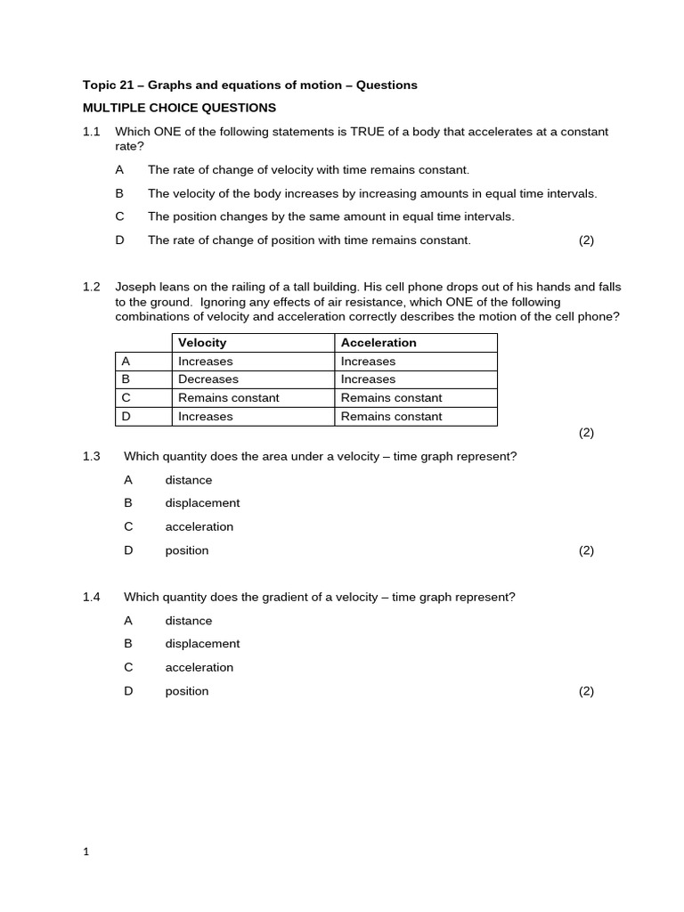 Graphs and Motion Equations Quiz | PDF | Velocity | Acceleration