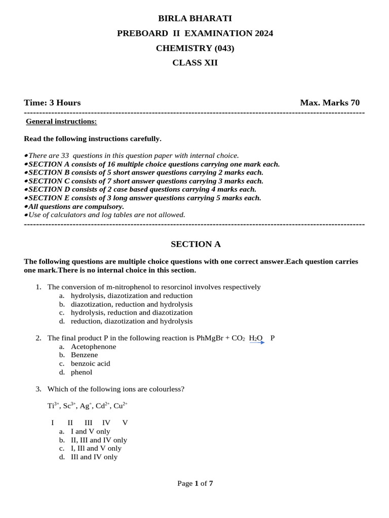 Preboards 2 PAPER EXAMINATION 2023 - 24 CLASS 12 CHEM | PDF | Acid ...