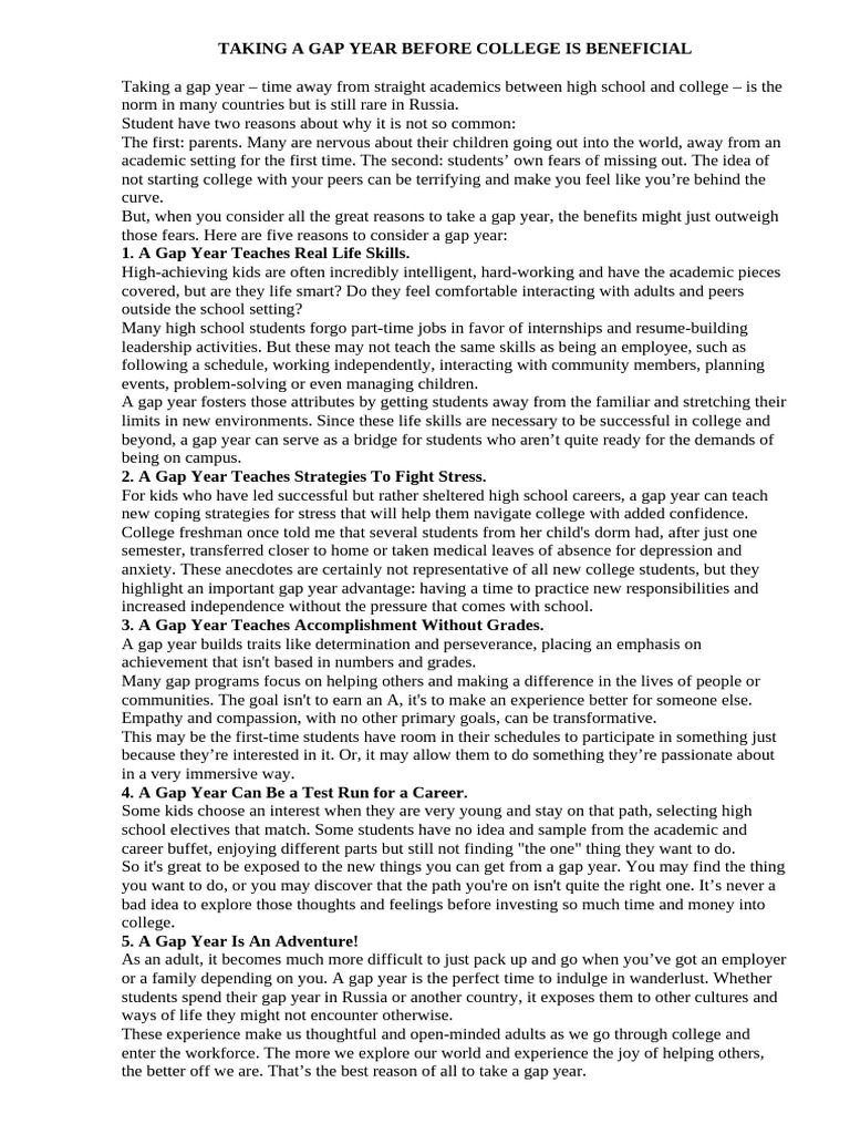 Taking A Gap Year Before College Is Beneficial | PDF | Cognition ...
