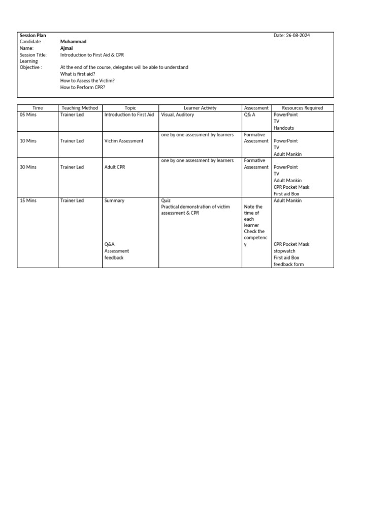 First Aid & CPR Training Session Plan | PDF | Pedagogy | Human ...