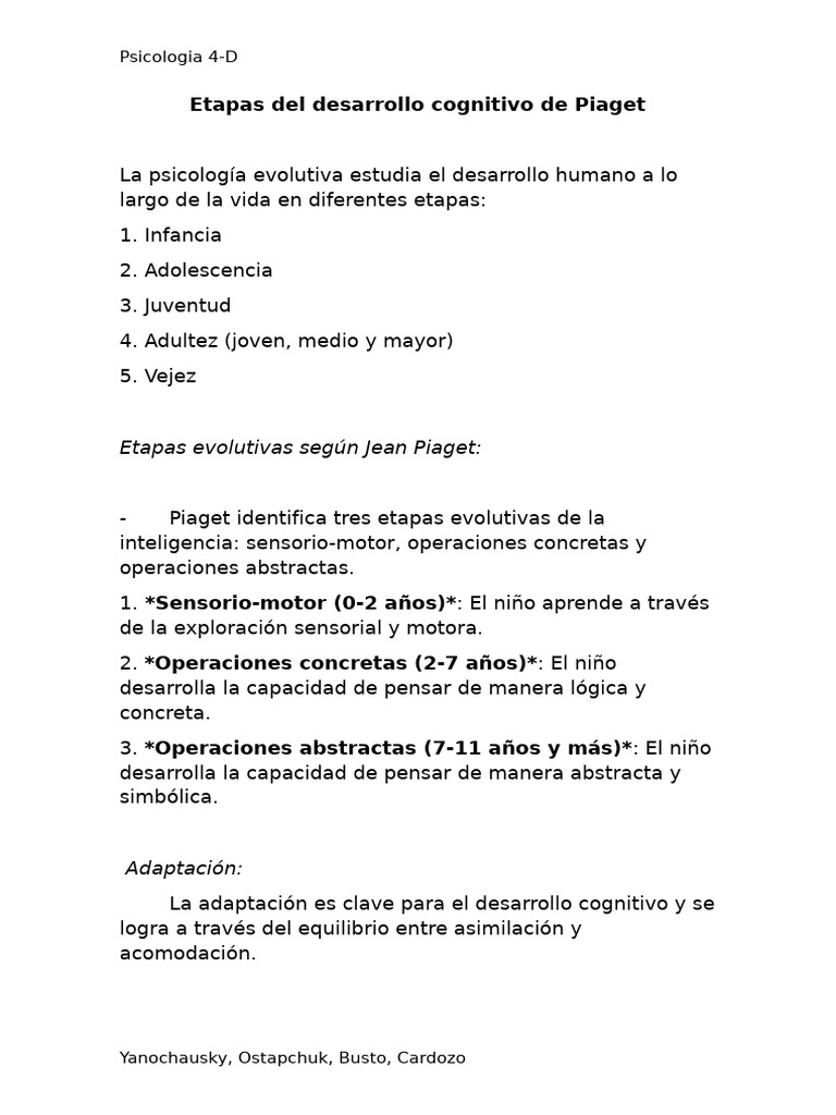 Etapas del Desarrollo Cognitivo de Piaget | PDF | Desarrollo cognitivo ...