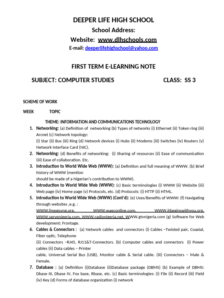 SS3 First Term Computer Studies Plan | PDF | Network Topology ...