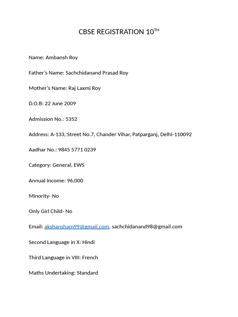 Cbse Registration 10th | PDF