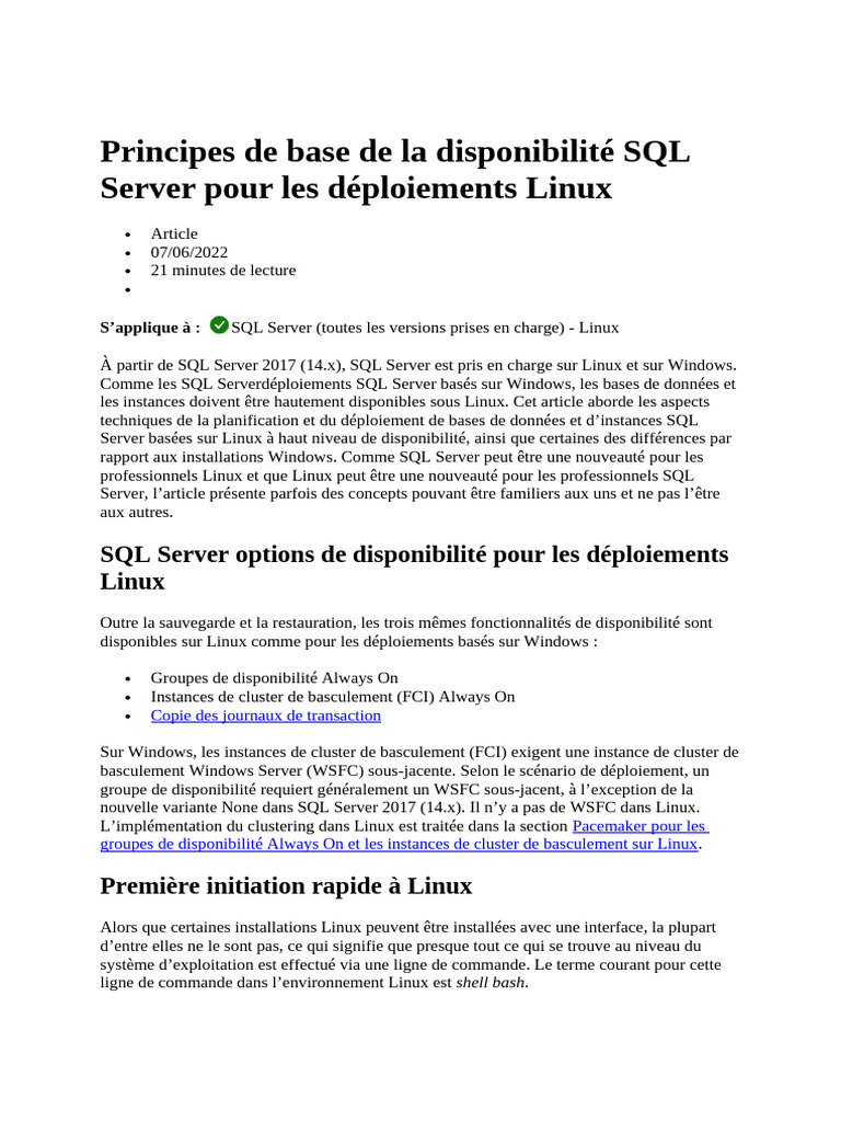 Disponibilité SQL Server sur Linux | PDF | Microsoft SQL Server | Linux