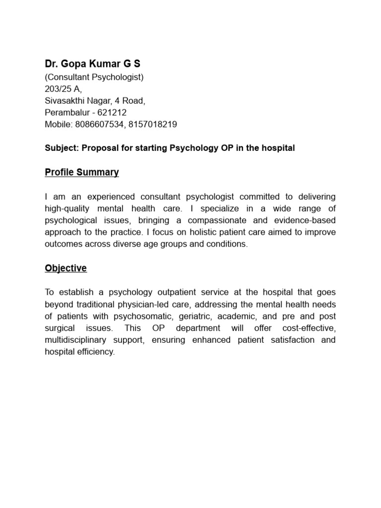 Proposal For Psychology OP | PDF | Psychotherapy | Mental Health
