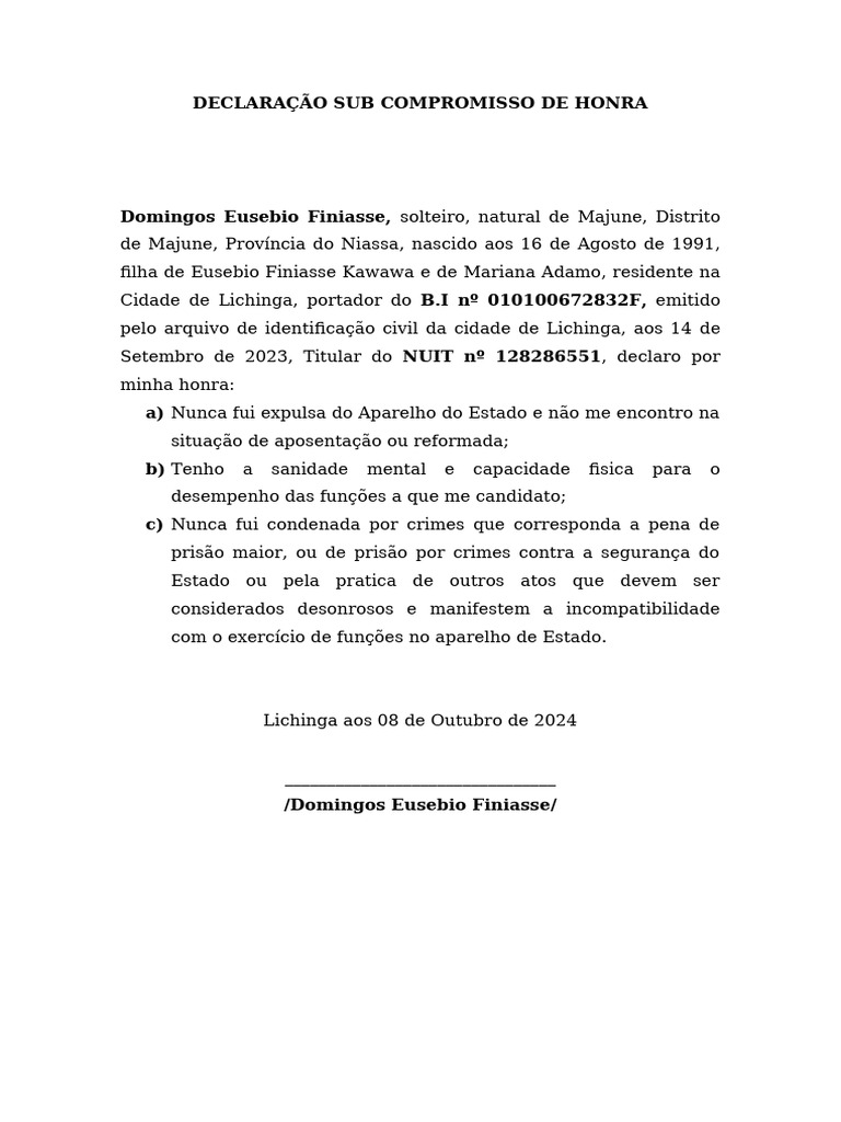 Declaração de Compromisso de Honra | PDF
