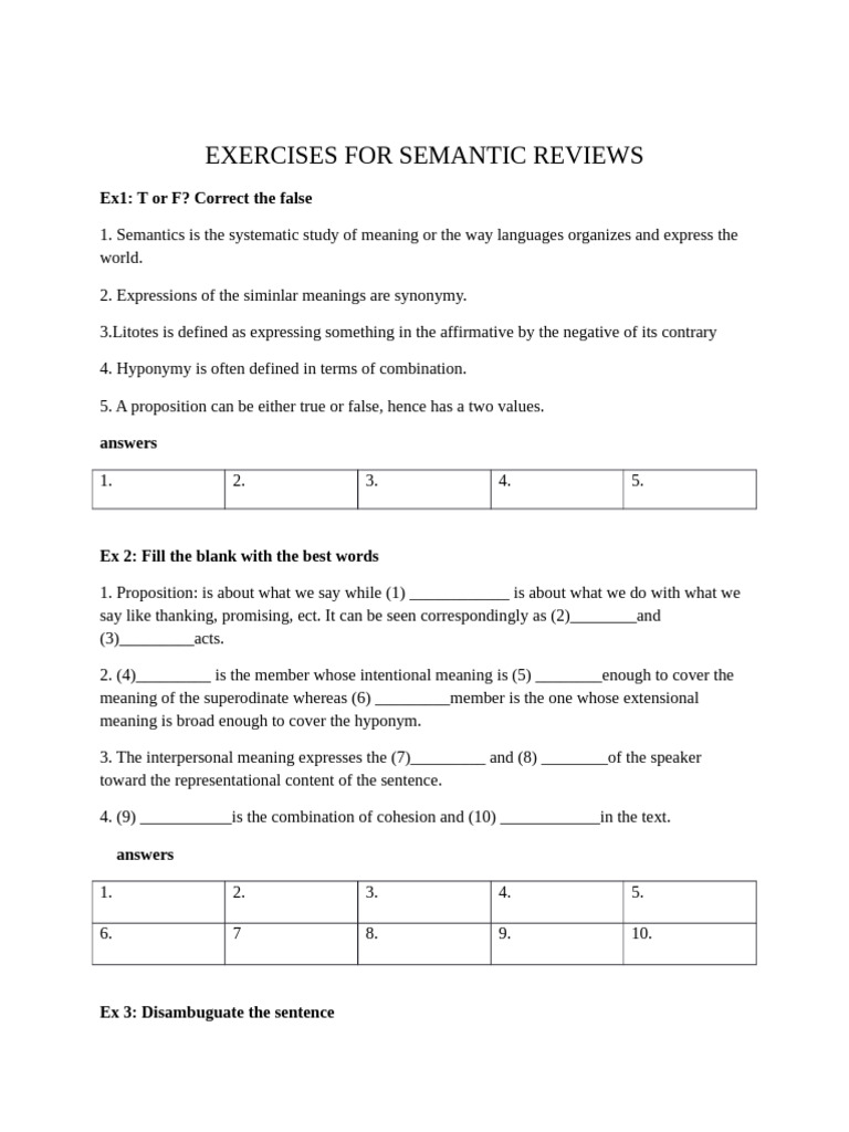 Semantic Review Exercises and Answers | PDF | Logic | Linguistics
