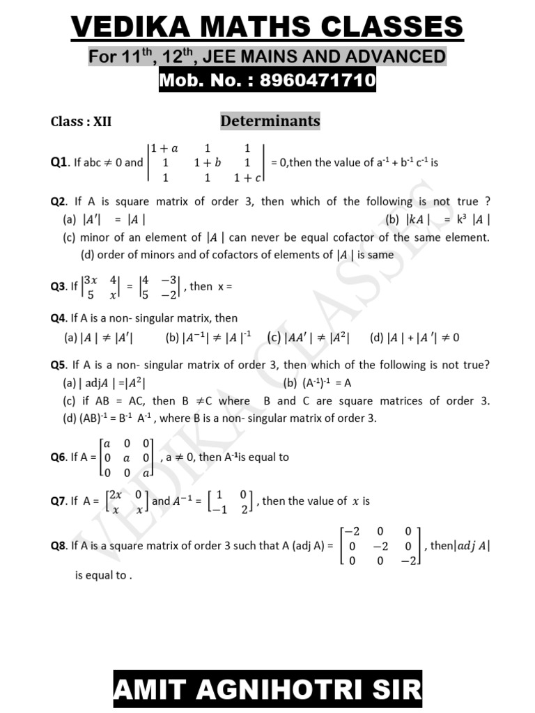 Vedika Classes Determinanat Sheet 12th Pdf Matrix Mathematics